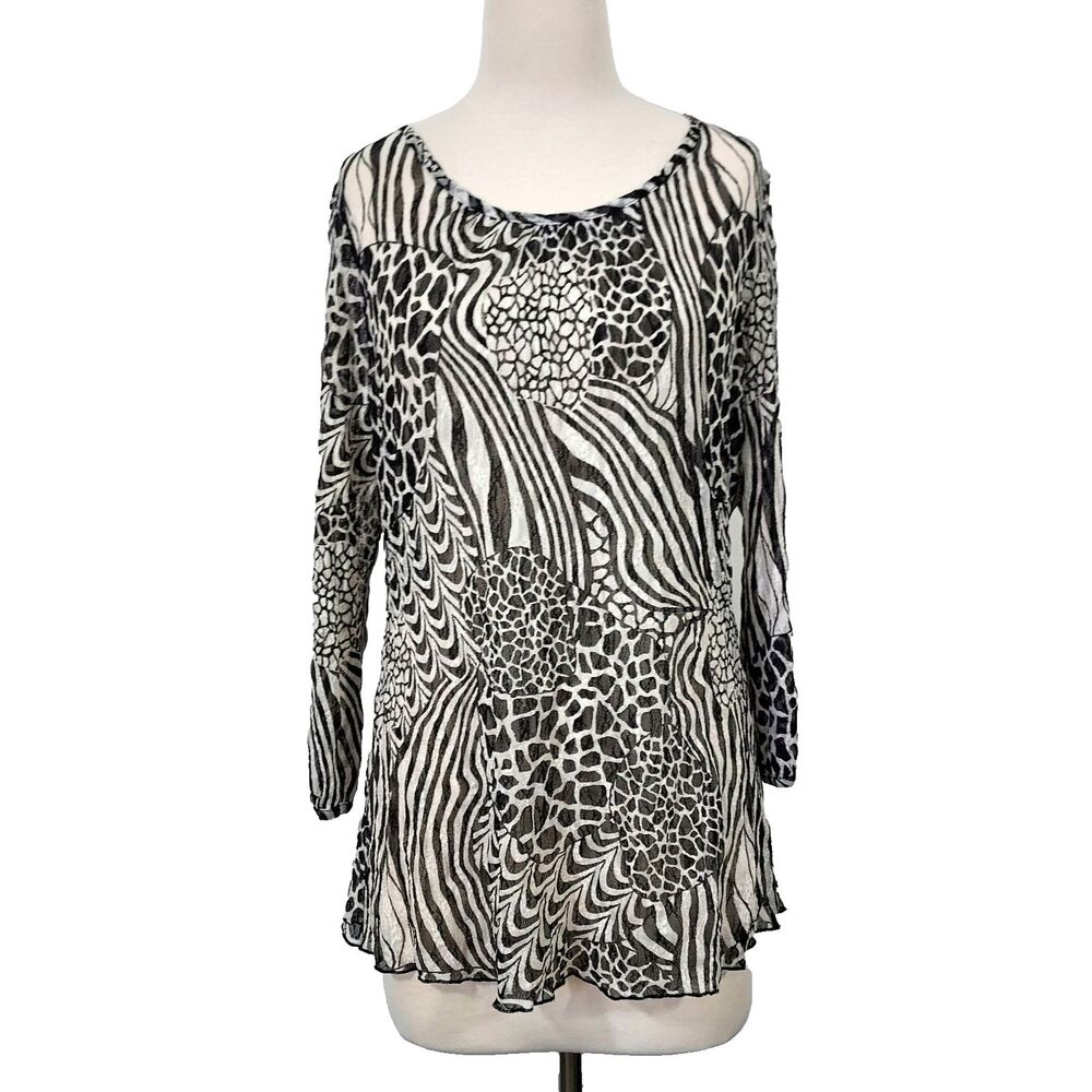 TravelSmith Shirt Top Womens Size Large Sheer Mesh Stretch Black White Pullover